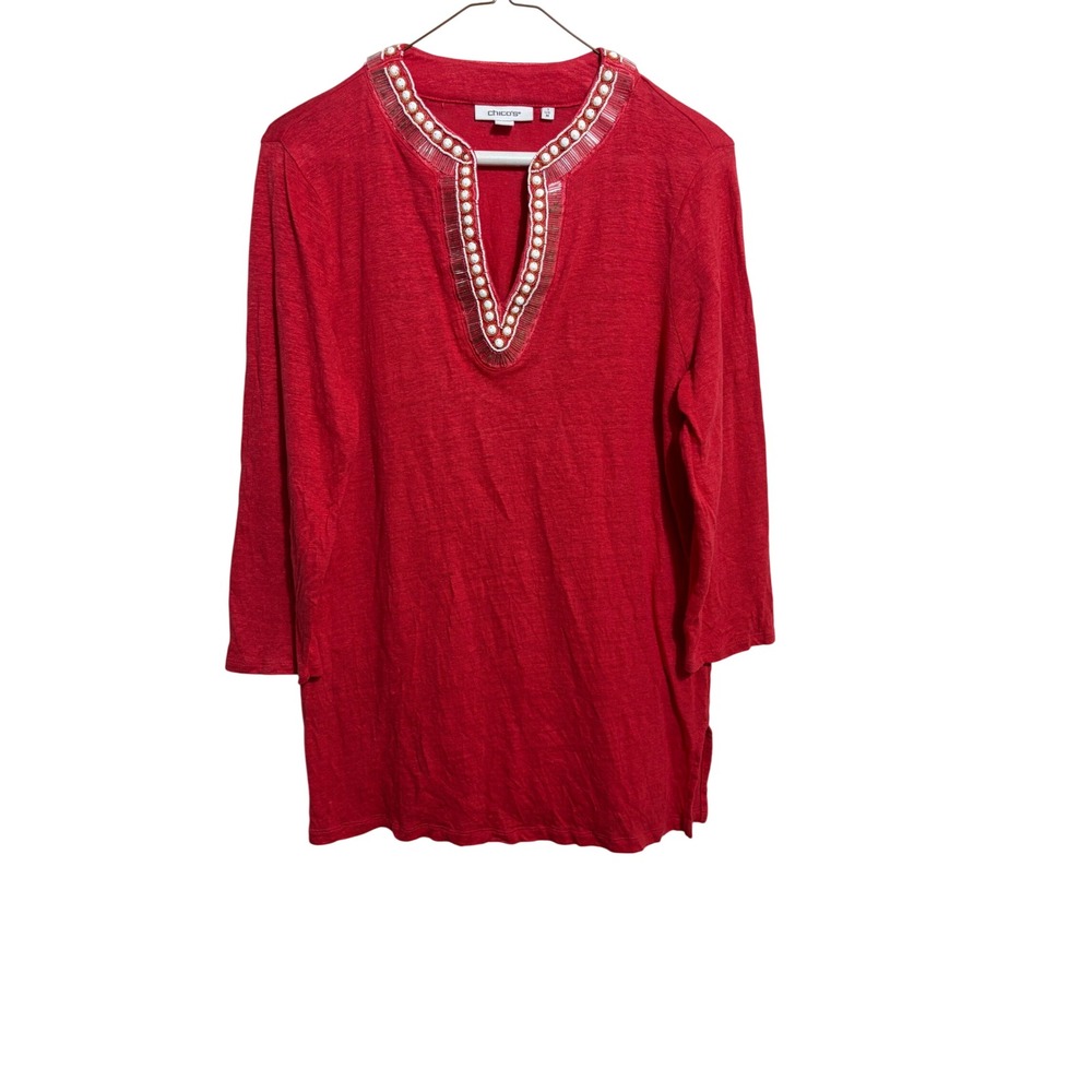 Chico's 100% Linen Beaded Split Neck Tunic Top 3/4 Sleeve Size 1 Medium Boho